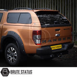 Metallic orange Ford Ranger with Truckman GLS Canopy, featuring remote locking, roof bars, tinted windows, and aftermarket fender flares, enhancing utility and style.