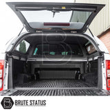 Ford Ranger 2012-2022 Truckman Grand Hardtop Canopy, shown open with empty ribbed bed liner, featuring remote locking and Brute Status logo.
