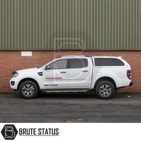 Ford Ranger 2012-2022 Truckman Grand Hardtop Canopy with remote locking, features cab-high design and tinted pop-out windows, enhancing storage and security.