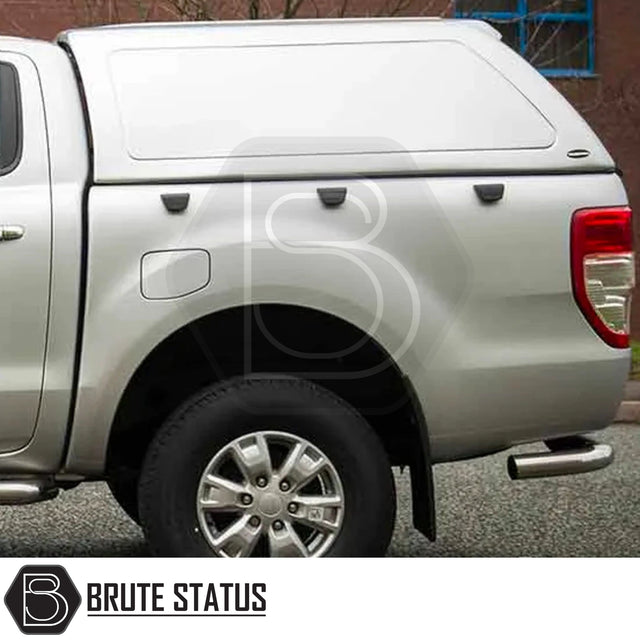Ford Ranger 2012-2022 Truckman RS Hardtop Canopy shown with solid rear window, fitted on a silver pickup, highlighting its robust, secure design for commercial use.