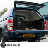 Ford Ranger 2012-2022 Truckman RS Hardtop Canopy on a blue pickup, showcasing an open solid rear window and empty load bay, emphasizing security and versatility.