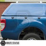 Ford Ranger 2012-2022 Truckman RS Hardtop Canopy with a solid rear window fitted on a blue pickup truck, showcasing Brute Status branding.