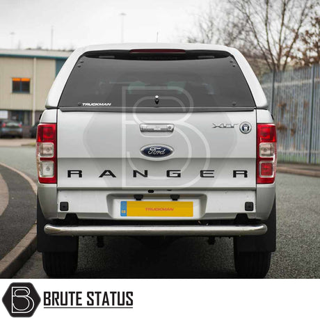 Ford Ranger 2012-2022 Truckman RS Hardtop Canopy with solid rear window, enhancing security and utility, featuring RANGER and XLT badges, ideal for commercial use.