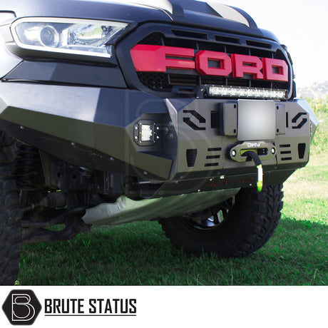 High-quality matt black aftermarket fitted winch bumper for Ford Ranger 2015-2022, featuring bright LED lights, space for winch installation (winch not included), and 3.5-tonne towing capacity. Heavy-duty upgrade delivered on a pallet; professional fitting recommended.