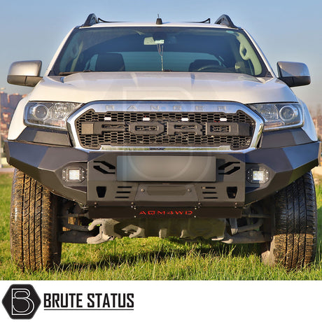 High-quality matt black aftermarket fitted winch bumper for Ford Ranger 2015-2022, featuring bright LED lights, space for winch installation (winch not included), and 3.5-tonne towing capacity. Heavy-duty upgrade delivered on a pallet; professional fitting recommended.