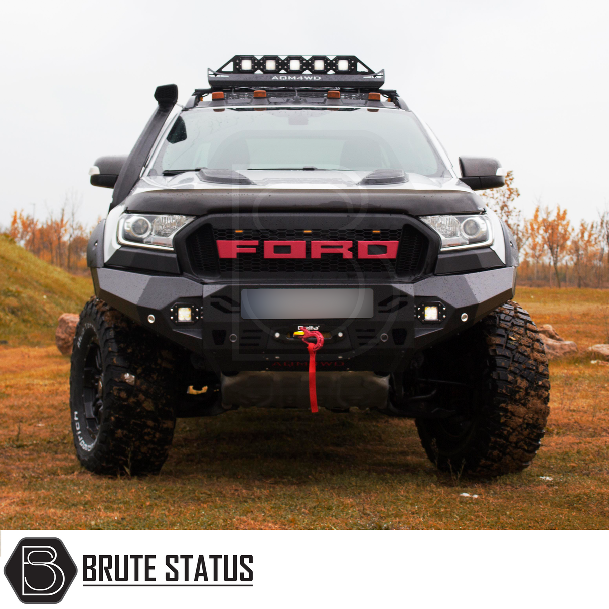 High-quality matt black aftermarket fitted winch bumper for Ford Ranger 2015-2022, featuring bright LED lights, space for winch installation (winch not included), and 3.5-tonne towing capacity. Heavy-duty upgrade delivered on a pallet; professional fitting recommended.