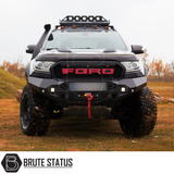 High-quality matt black aftermarket fitted winch bumper for Ford Ranger 2015-2022, featuring bright LED lights, space for winch installation (winch not included), and 3.5-tonne towing capacity. Heavy-duty upgrade delivered on a pallet; professional fitting recommended.