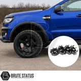 Full 6 piece smooth matte black ABS plastic wheel arch kit fitted to blue Ford Ranger pickup truck offroad 4x4 vehicle in a bundle with 50mm wheel spacers. 