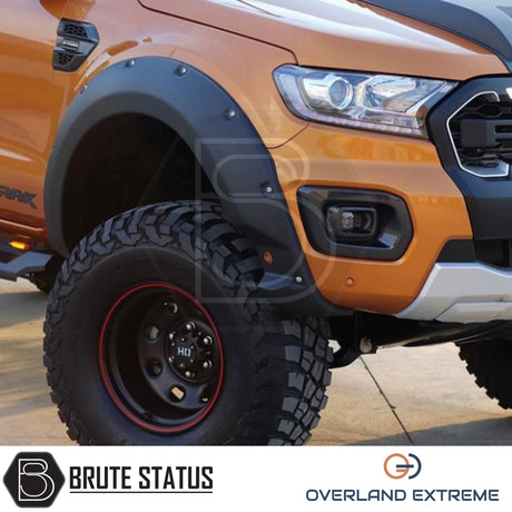Ford Ranger 2019-2022 Wide Arch Kit Overland Extreme with park assist sensor cut-outs, premium matte black wheel arch extensions for Double Cab pickup trucks.