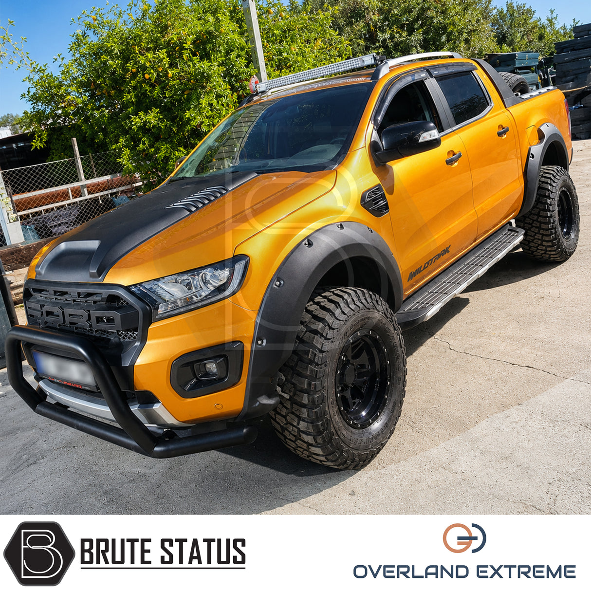 Ford Ranger 2019-2022 wheel arch flare kit with park assist compatibility, Overland Extreme wide arch kit in textured matte black with precision CAD fitment.