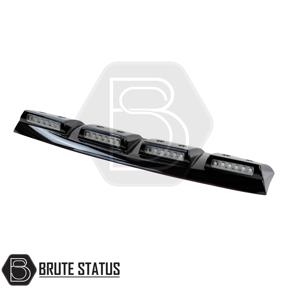 Gloss black Ford Ranger T8 2019-2022 LED roof spoiler Style 1 with wireless remote controlled lighting for a sporty aggressive pickup truck appearance. 