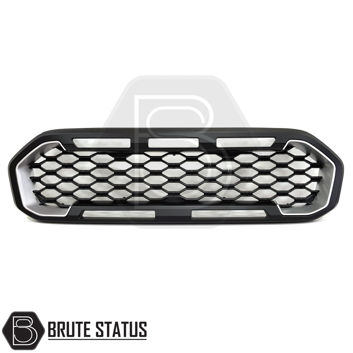 Raptor-inspired black and silver front grille for Ford Ranger 2019-2022 T8 non-Wildtrak models, ABS construction, no drilling required, reversible fit, includes all installation hardware.
