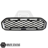 Raptor-inspired black and silver front grille for Ford Ranger 2019-2022 T8 non-Wildtrak models, ABS construction, no drilling required, reversible fit, includes all installation hardware.