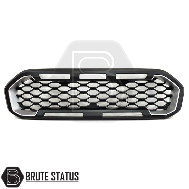 Raptor-inspired black and silver front grille for Ford Ranger 2019-2022 T8 non-Wildtrak models, ABS construction, no drilling required, reversible fit, includes all installation hardware.