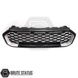 Black and silver aftermarket grille for 2019-2022 Ford Ranger T8 XL, XLT, and Limited models, ABS plastic, smooth finish, reversible fit, pairs well with wide body fender flares.