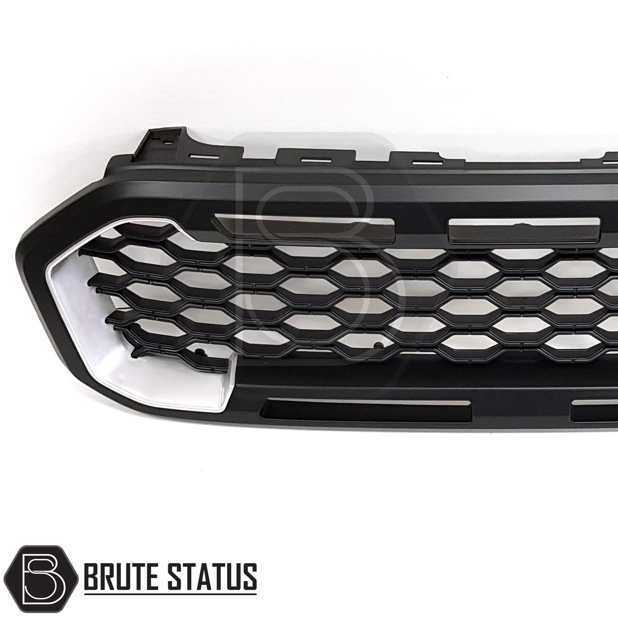 Ford Ranger 2019-2022 T8 non-Wildtrak front grille, Raptor-style design, ABS construction with silver detailing, straightforward installation, no drilling required, aftermarket accessory.