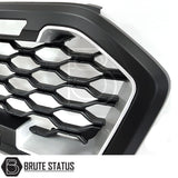 Raptor-style black and silver grille for Ford Ranger T8 (2019-2022) non-Wildtrak models, ABS plastic, enhances front-end appearance, reversible fit using original mounting points.