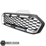 2019-2022 Ford Ranger T8 XL/XLT/Limited non-Wildtrak front grille, black ABS with silver accents, easy DIY installation, compatible with fender flare kits for a rugged Raptor look.