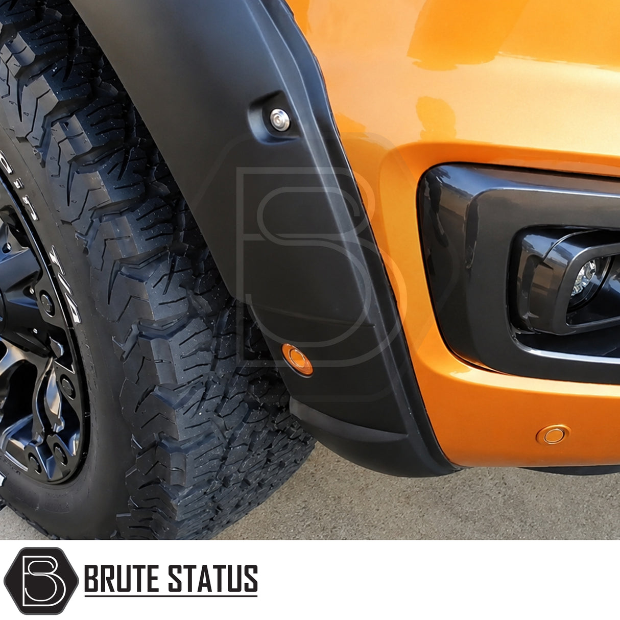 Ford Ranger 2019-2022 Double Cab wide arch extensions, riveted style ABS wheel arch flares with removable Park Assist sensor covers.