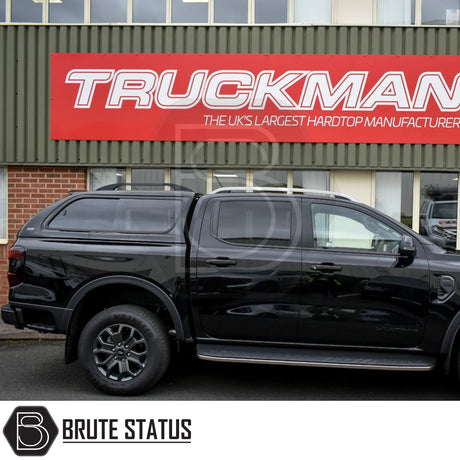 Ford Ranger 2023+ T9 with Truckman GLS hardtop canopy featuring remote locking, parked at Truckman, showcasing its sporty design and lockable sliding windows.