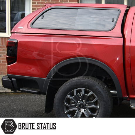 Ford Ranger 2023+ T9 Truckman GLS Hardtop Canopy with remote locking, featuring tinted side windows, alloy wheel, and Goodyear Wrangler tire, by Brute Status.