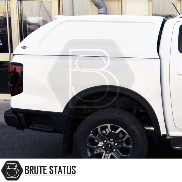 Ford Ranger 2023+ T9 Truckman L-Series Hardtop Canopy with remote locking, showing rear-side view with smooth, solid-sided design and branded by Brute Status.