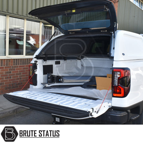 Ford Ranger 2023+ T9 Truckman L-Series Hardtop Canopy with open tailgate, showcasing its secure, stylish design for enhanced truck bed security and capacity.
