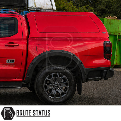 Heavy duty hardtop canopy colour matched to Ford Ranger Lucid Red 2023+ suitable for secure overlanding offroad 4x4 set ups. 