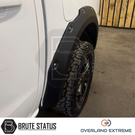 Matte black Ford Ranger T9 2023 wide arch kit featuring Overland Extreme CAD-designed wheel arch flares with cosmetic rivet styling.