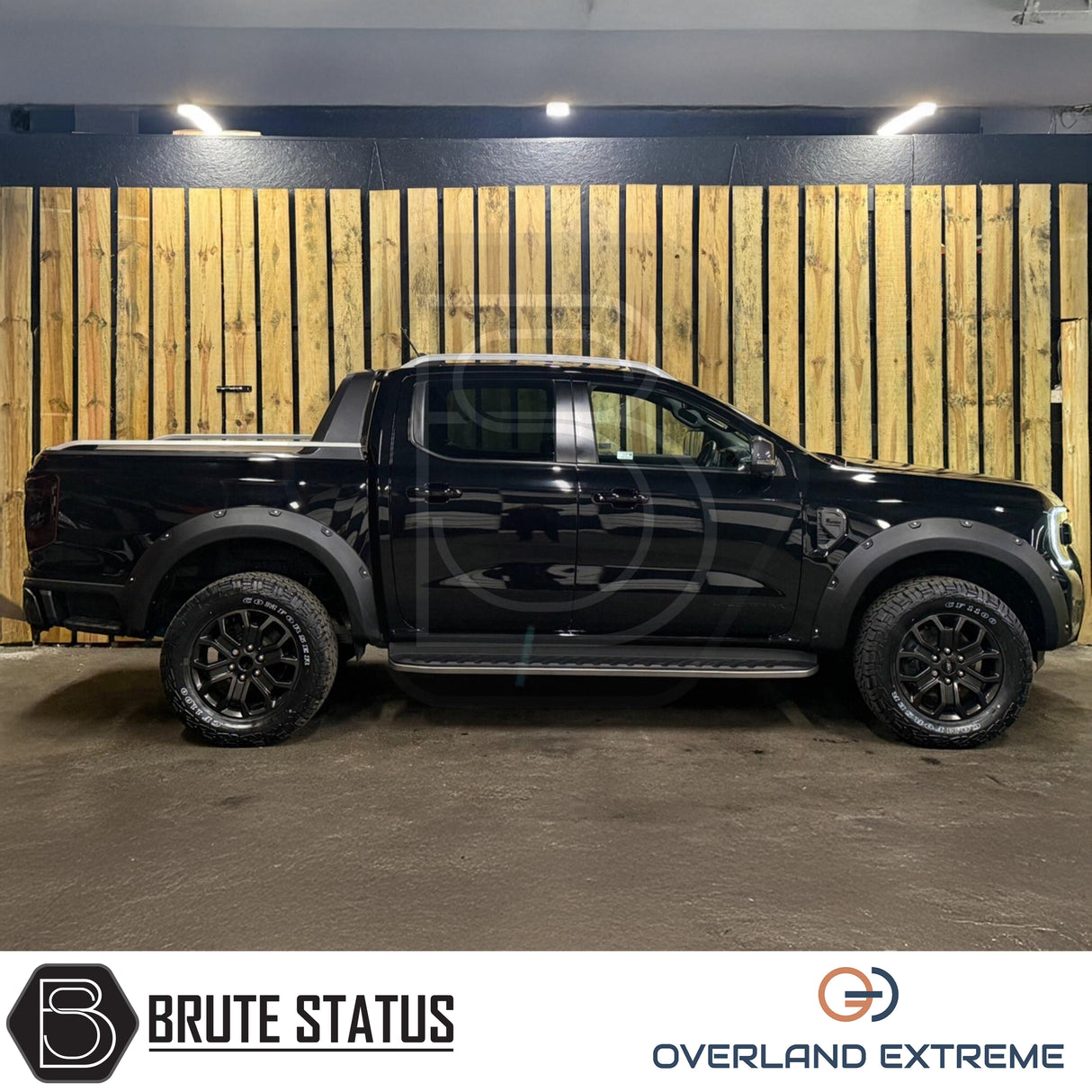Front and rear heavy duty matte black riveted style arch kit fitted to black Ford Ranger pickup truck offroad 4x4 vehicle. Easy and straightforward installation. 