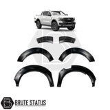 Ford Ranger 2023+ wide ABS wheel arches with chrome rivets and no-drill 3M tape fitment, paired with 35mm hub-centric 6061-T6 alloy wheel spacers with M12x1.5 studs for increased track and clearance