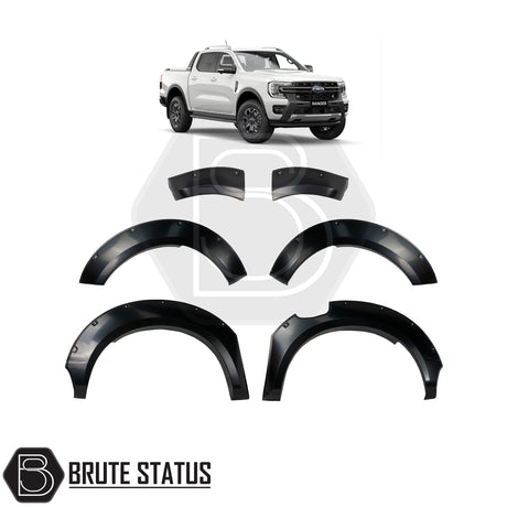 Ford Ranger 2023+ wide ABS wheel arches with chrome rivets and no-drill 3M tape fitment, paired with 35mm hub-centric 6061-T6 alloy wheel spacers with M12x1.5 studs for increased track and clearance