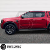 Ford Ranger T9 2023+ Wind Deflectors on a yellow truck, showcasing durable, aerodynamic design with premium acrylic and full-length adhesive for secure attachment.