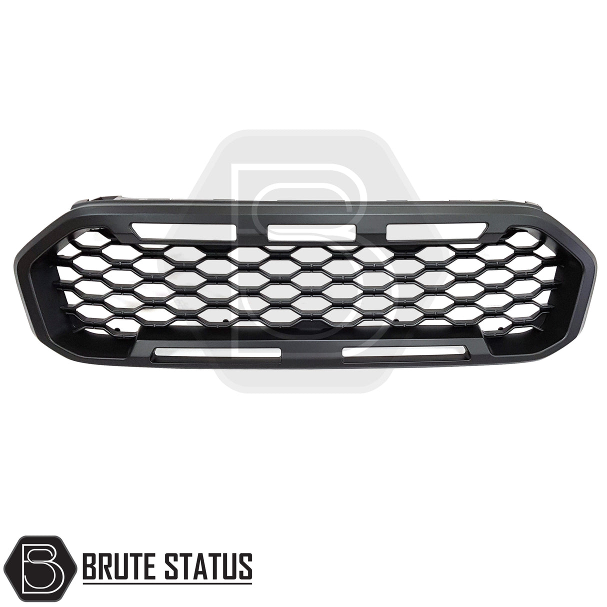 Raptor-inspired black ABS front grille for 2019-2022 Ford Ranger T8 non-Wildtrak models, easy reversible fit using original fastening points, includes all hardware, no drilling required.