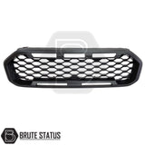 Raptor-inspired black ABS front grille for 2019-2022 Ford Ranger T8 non-Wildtrak models, easy reversible fit using original fastening points, includes all hardware, no drilling required.