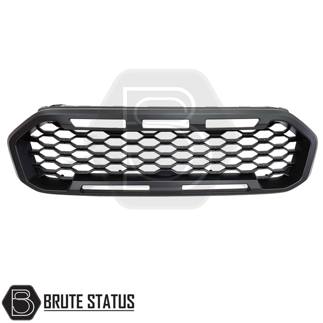 Raptor-inspired black ABS front grille for 2019-2022 Ford Ranger T8 non-Wildtrak models, easy reversible fit using original fastening points, includes all hardware, no drilling required.