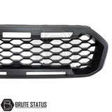 Black ABS front grille for 2019-2022 Ford Ranger T8 non-Wildtrak, Raptor-style design, DIY installation with existing mounting points, compatible with wide body fender flares.