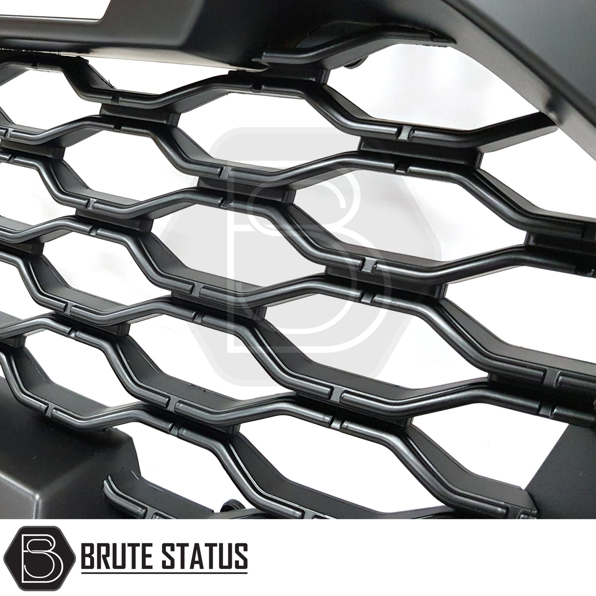 2019-2022 Ford Ranger T8 non-Wildtrak aftermarket grille, black ABS plastic, Raptor-inspired styling, no drilling required, smooth finish, reversible installation, all hardware included.