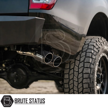 Ford Ranger 2012–2022 T6 T7 T8 side exit exhaust system with twin carbon fibre tips, stainless steel performance upgrade designed for improved airflow and aggressive styling.