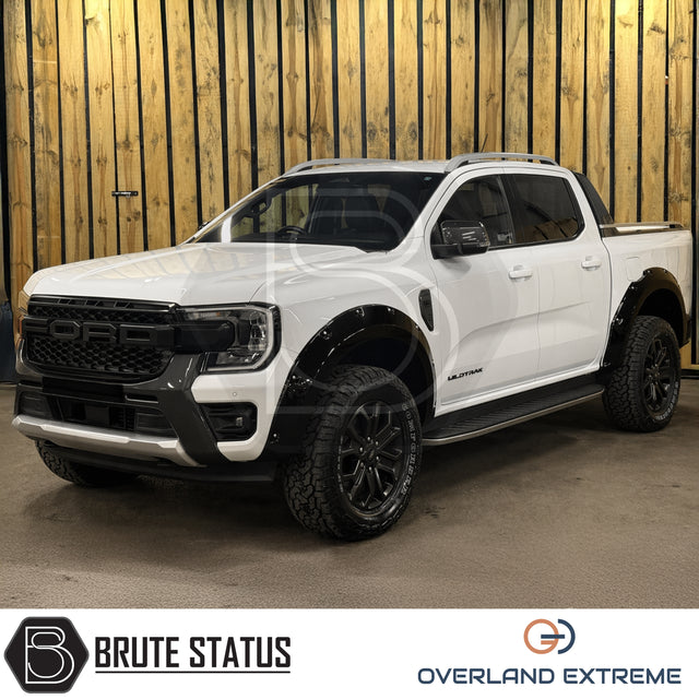 Ford Ranger 2023+ riveted style wide arch kit in gloss black, aftermarket fender flare upgrade for enhanced off-road styling.