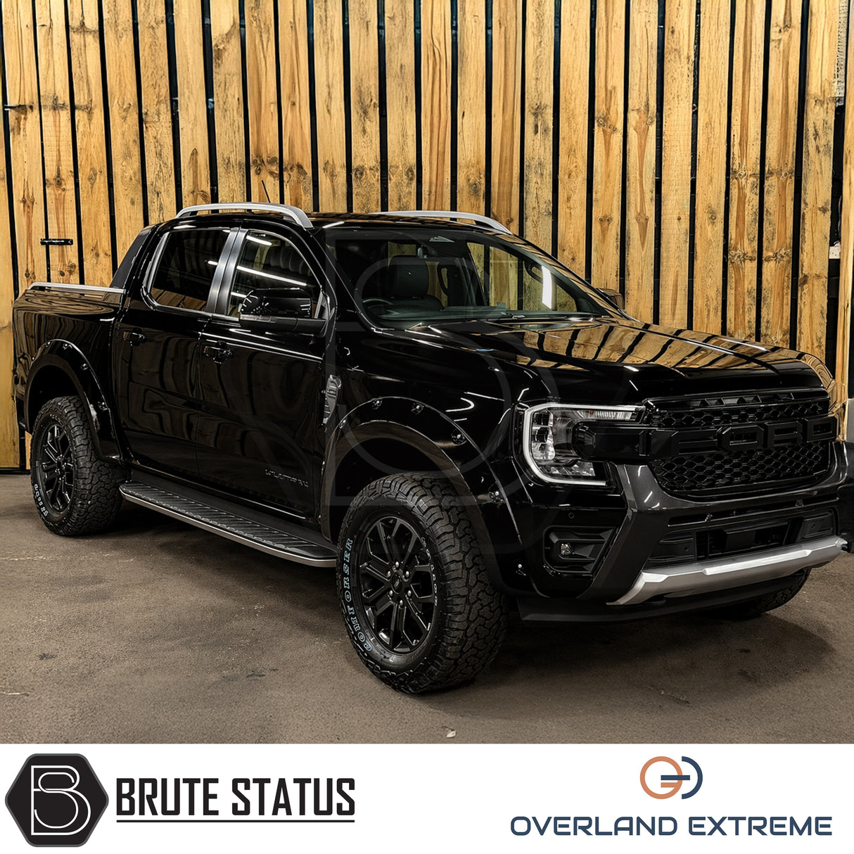 Gloss black wide body arch kit for Ford Ranger T9, adding aggressive off-road looks and a wider vehicle stance.