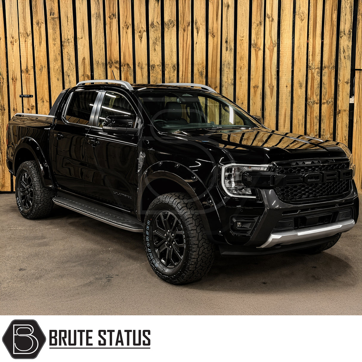Ford Ranger 2023+ T9 Overland Extreme wide wheel arch kit with riveted styling and durable gloss black finish installed on vehicle