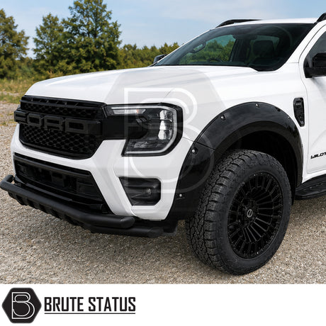 White Ford Ranger T9 2023+ fitted with gloss black riveted wide arch kit inspired by the F150 Raptor design