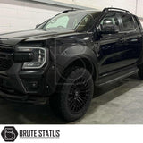 Ford Ranger 2023+ wide ABS wheel arches with chrome rivets and no-drill 3M tape fitment, paired with 35mm hub-centric 6061-T6 alloy wheel spacers with M12x1.5 studs for increased track and clearance