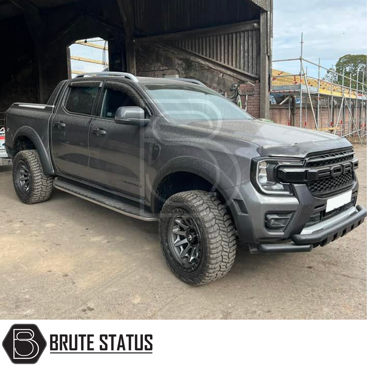 Ford Ranger 2023+ wide wheel arch kit and 35mm hub-centric wheel spacers. Smooth black ABS arches with rubber seal, adding approximately 75–85mm extra width per side, designed with a Raptor-style look. Includes durable 35mm 6061-T6 alloy wheel spacers with pre-installed M12 x 1.5 studs to increase track width and improve stability