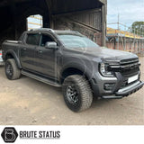 Ford Ranger 2023+ wide wheel arch kit and 35mm hub-centric wheel spacers. Smooth black ABS arches with rubber seal, adding approximately 75–85mm extra width per side, designed with a Raptor-style look. Includes durable 35mm 6061-T6 alloy wheel spacers with pre-installed M12 x 1.5 studs to increase track width and improve stability