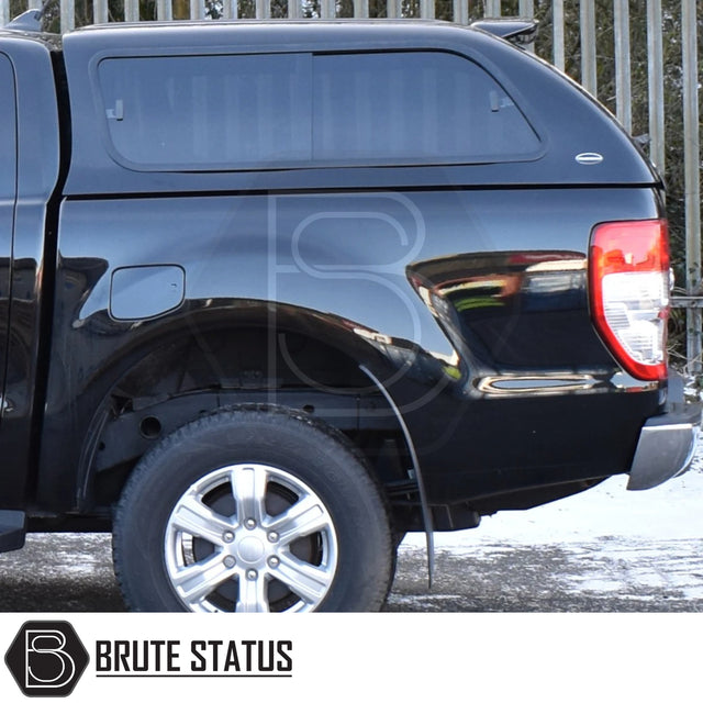 Ford Ranger 2012-2022 Truckman GLS Hardtop Canopy with remote locking, featuring tinted windows and sporty design, shown on parked black pickup truck.