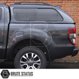 Ford Ranger 2012-2022 T6, T7, T8 Truckman GLS Hardtop Canopy with remote locking, showcasing tinted sliding windows and alloy wheels, parked against a brick wall.