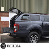 Ford Ranger 2012-2022 Truckman GLS Hardtop Canopy shown with open rear door and tailgate, highlighting secure, lockable sliding windows and remote locking feature.