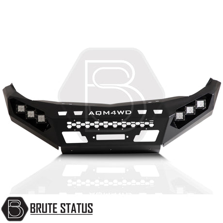 heavy-duty winch front bumper in matte black, carbon steel off-road bumper with LED lights, winch mount and 3.5T towing capacity.
